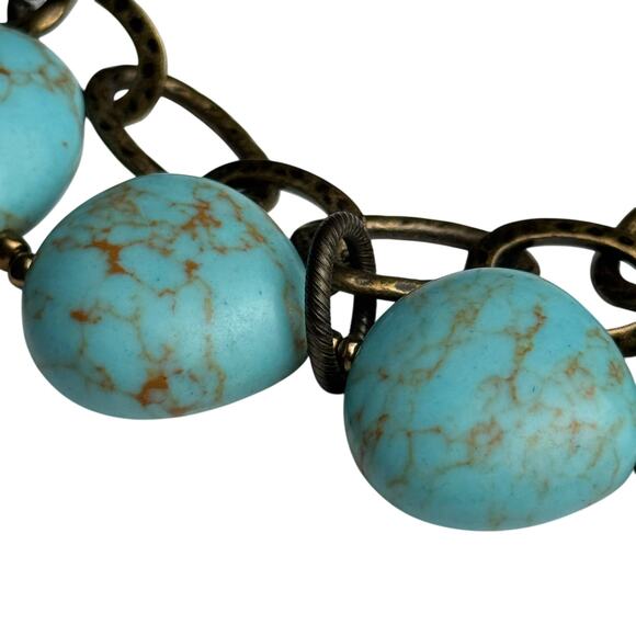 Turquoise Beaded Statement Necklace Antique Brass Chain Women's Adjustable Boho - Picture 3 of 11